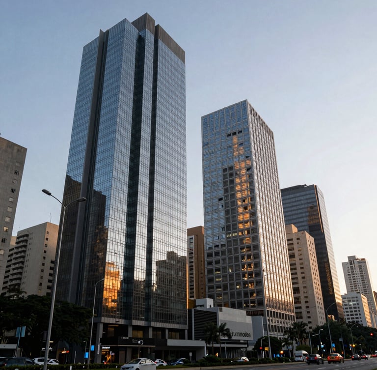 Wide environmental shot of Avenida Faria Lima, São Paulo, with modern glass skyscrapers reflecting the cool morning light, high-contrast corporate architecture.