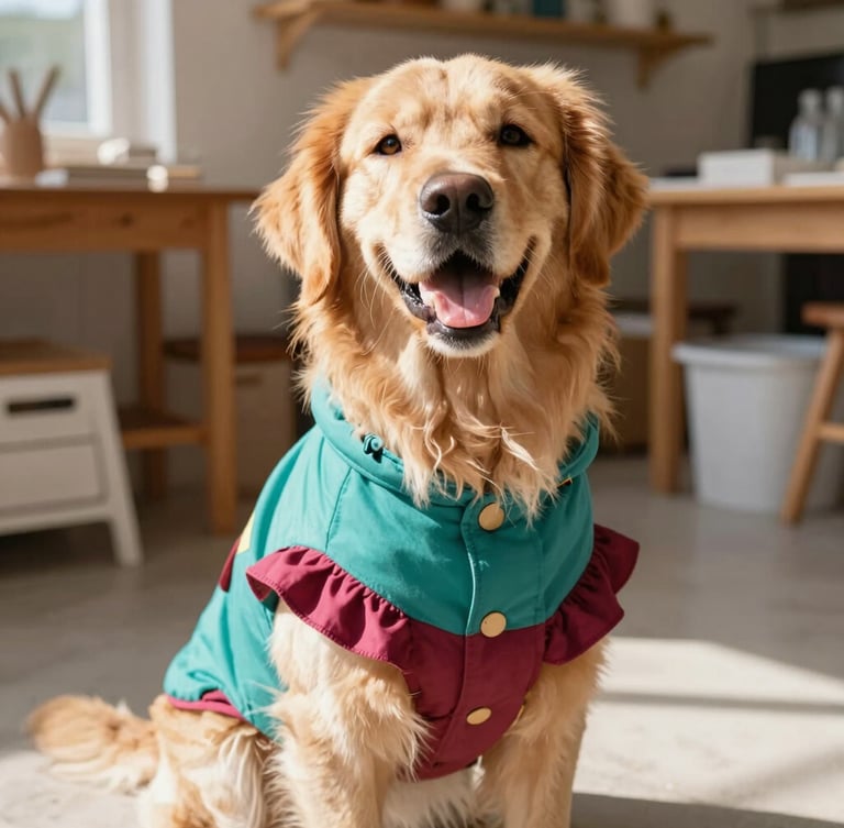 Bright warm daylight, eye-level shot of a happy golden retriever wearing a colorful teal and berry poncho sitting in a sunny artisan workshop, 35mm lens