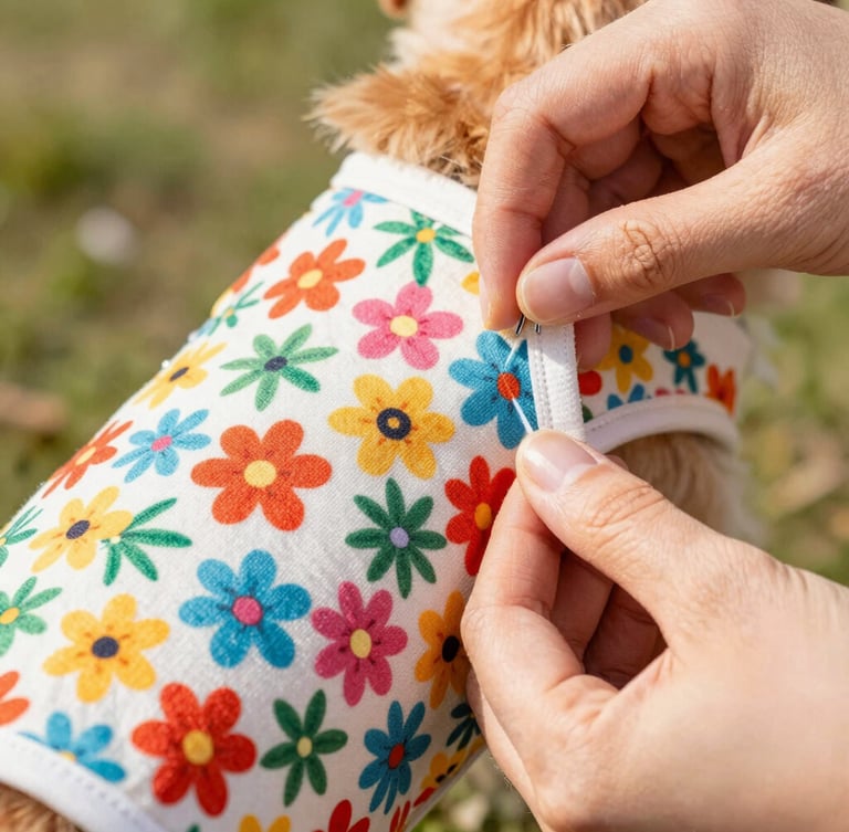 Close-up of hands carefully sewing a colorful floral pattern onto a small dog vest, warm natural light, focus on the fabric texture, 35mm lens