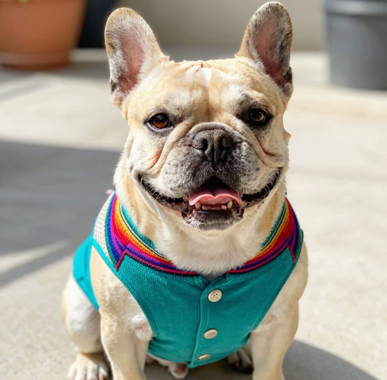 A happy, chubby French Bulldog wearing a colorful handcrafted Mexican teal vest, sitting comfortably on a sunny patio, eye-level bright natural light