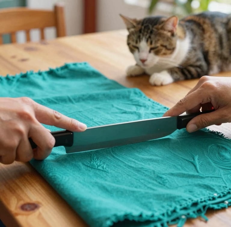 Close-up of hands cutting vibrant teal fabric on a wooden table, a sleepy cat resting nearby, warm natural daylight, cozy Mexican home workshop