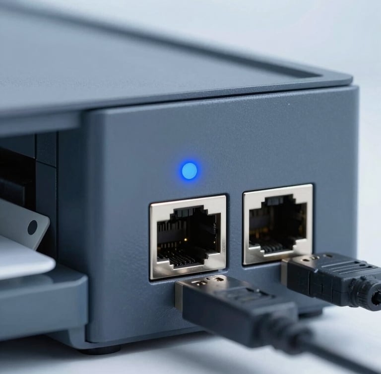 Macro shot of a printer Ethernet port and USB connection, blue status LED blinking, cool slate gray metal chassis, sharp focus, 35mm