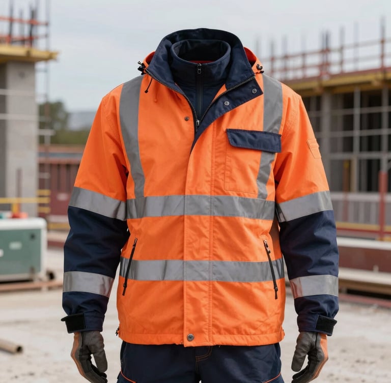 A professional construction worker wearing a high-visibility navy and safety orange jacket with reflective strips, standing on an active construction site, daylight, sharp focus, 50mm lens