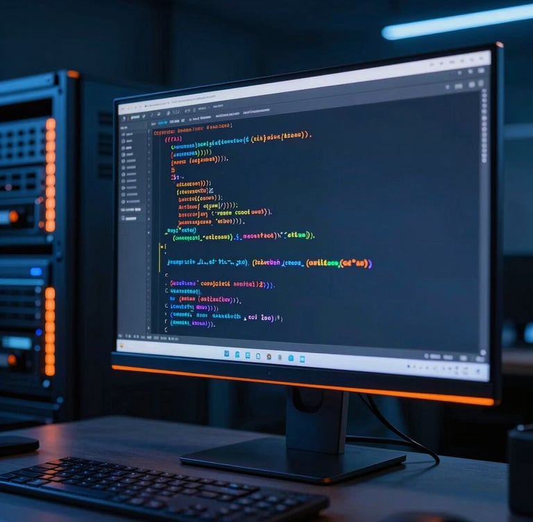 Macro shot of clean code on a modern monitor in a dark workspace, illuminated by low-key blue studio lighting and sharp orange accents, 35mm.