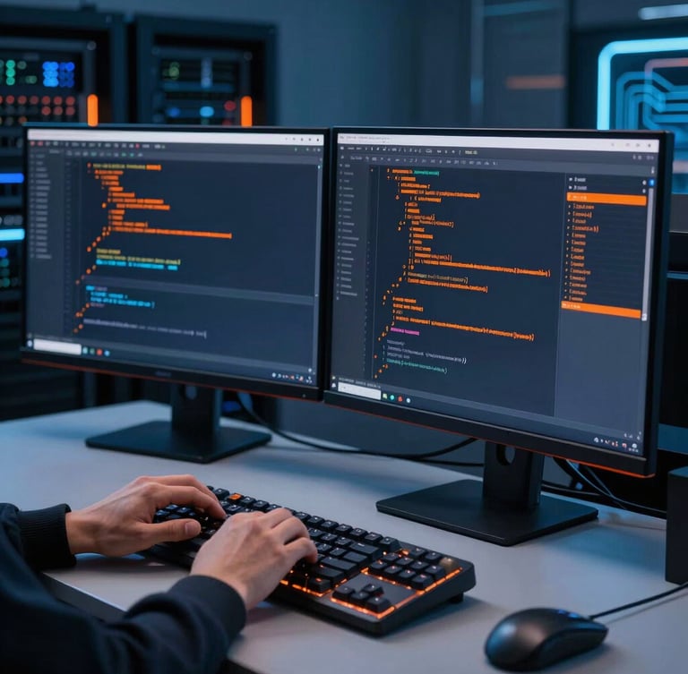 Hands of a software architect typing clean code on a mechanical keyboard, dual monitors displaying system architecture diagrams with orange highlights, moody blue studio lighting, 35mm