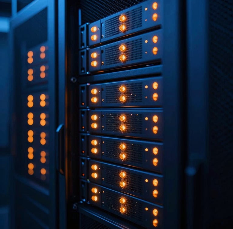Macro shot of a high-security digital server rack glowing with deep blue and sharp orange indicator lights, clean futuristic data center, 35mm