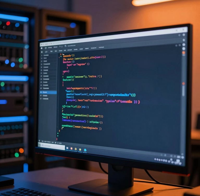 Macro shot of clean code on a monitor, soft dark blue and vibrant orange studio lighting, professional tech environment, 35mm