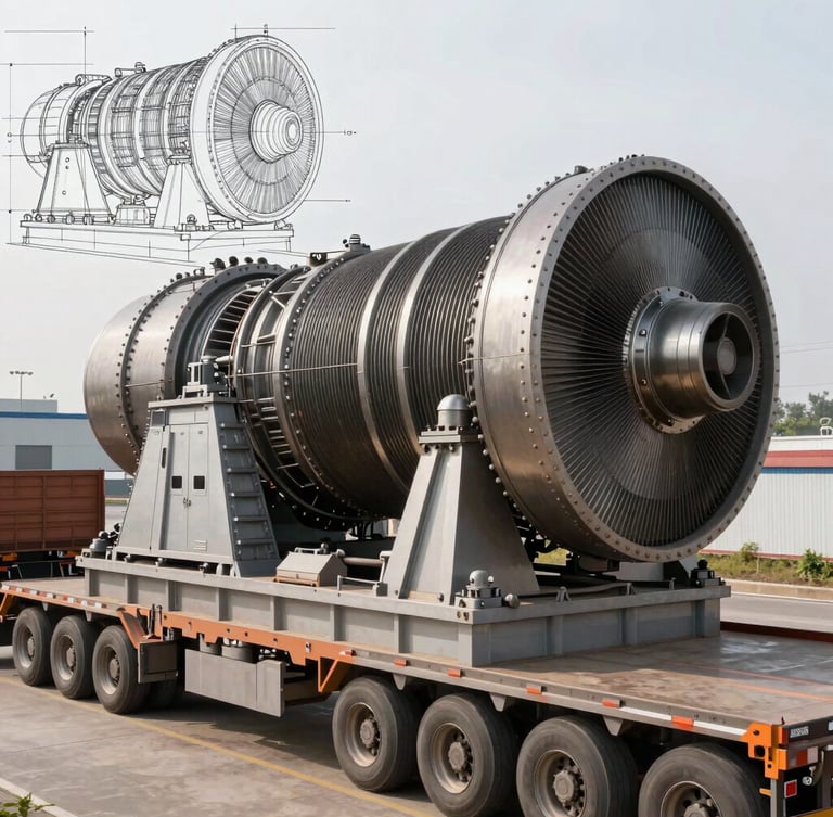 High-angle technical drawing overlaying a real photo of a massive industrial turbine on a multi-axle heavy transport trailer, overcast morning light, steel textures, sharp orange alignment lines.