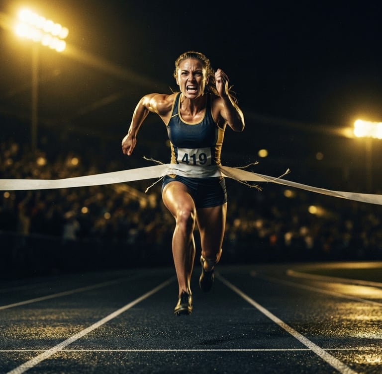 Low-angle dramatic sports photography of an elite runner crossing a finish line under gold stadium lights, dark background, sharp focus, 35mm