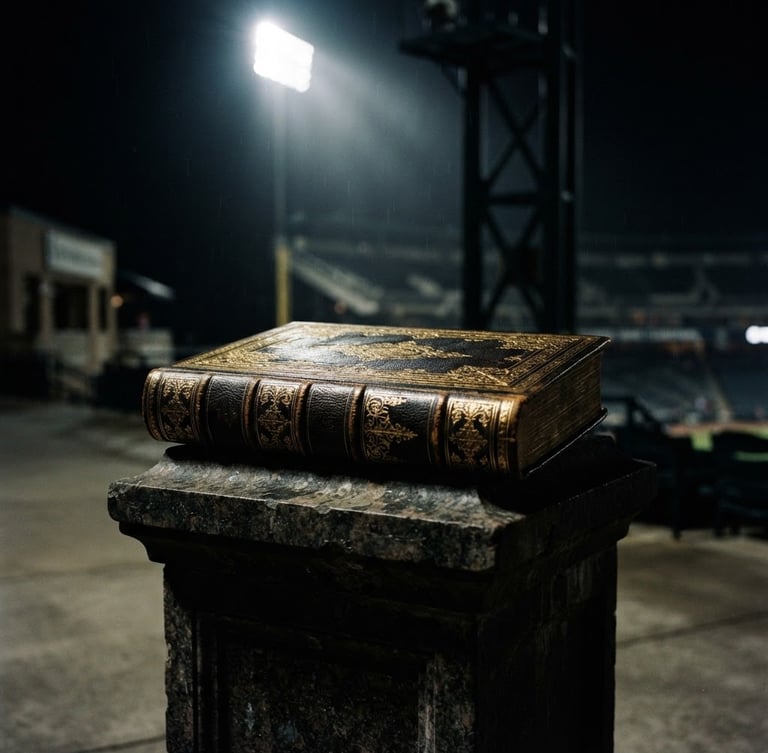 Dramatic stadium floodlight illuminating a heavy gold-embossed official record ledger on a dark stone pedestal, sharp focus, 35mm