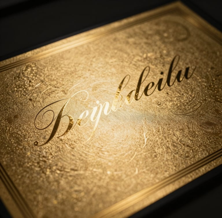 Macro shot of a heavy gold-embossed certificate with elegant calligraphy, showing metallic texture under dramatic spotlighting, dark background
