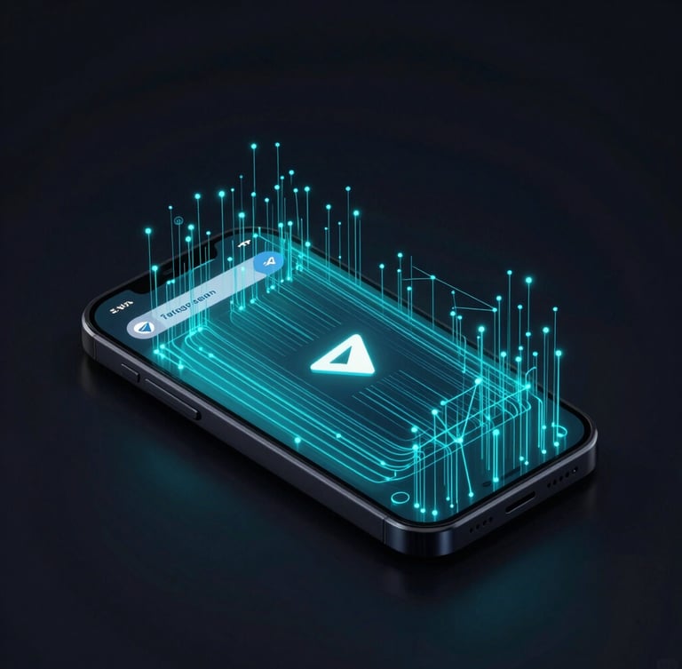 Isometric dark smartphone mockup showing a secure Telegram chat interface with glowing cyan data streams, deep obsidian background, high-contrast neon lighting