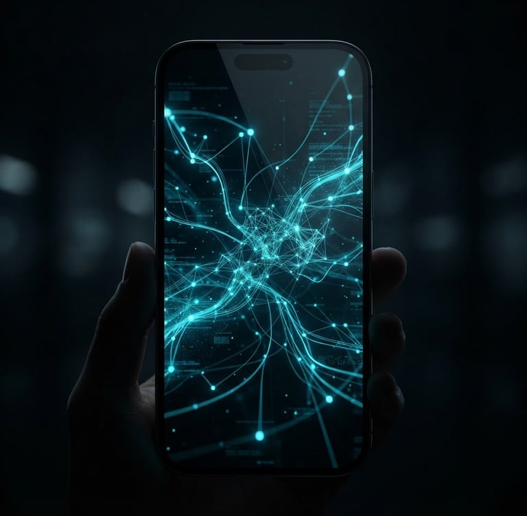 Dark high-tech terminal interface on a smartphone screen, glowing cyan network graphs, abstract data nodes, deep obsidian background, cinematic lighting, 3d render