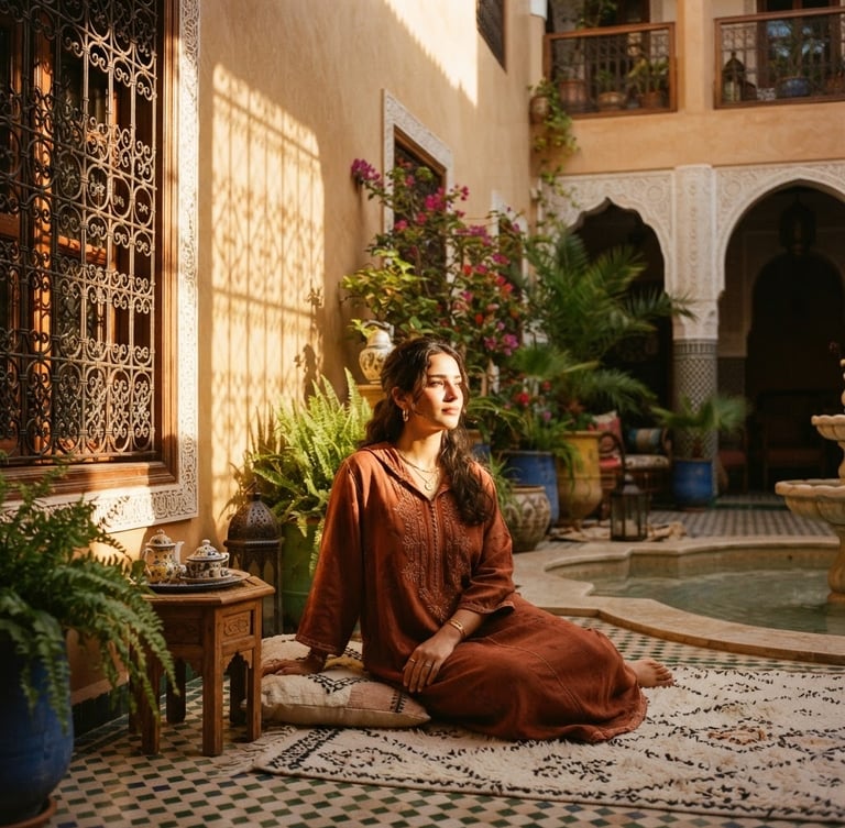 Cinematic portrait of a sun-drenched Moroccan riad courtyard, natural golden hour light casting dramatic geometric shadows on tadelakt walls, medium format film style.
