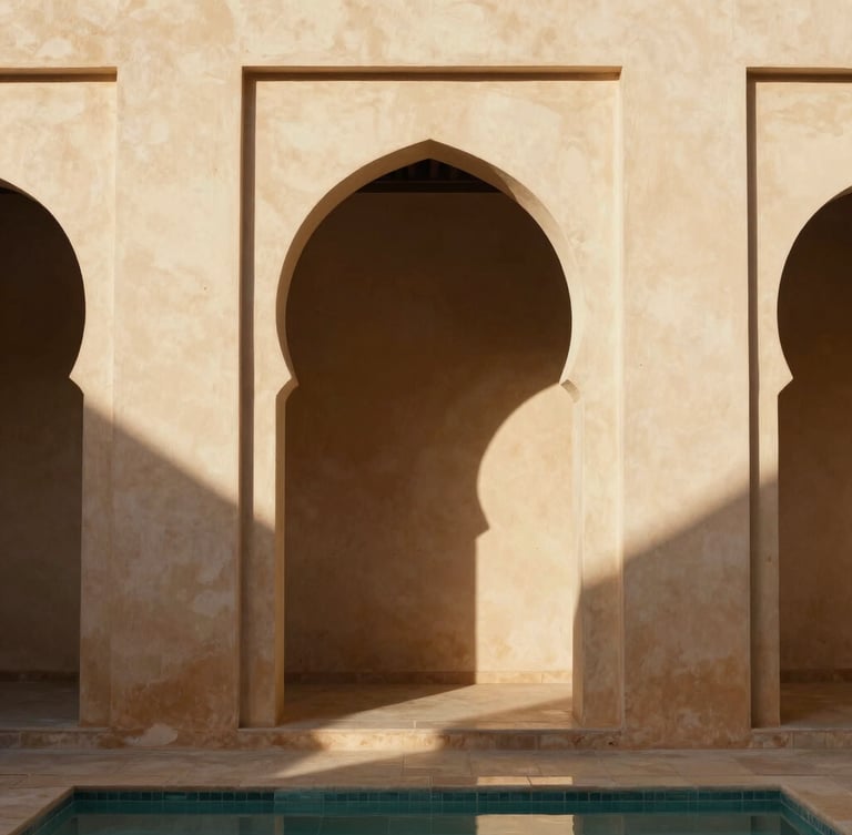 Cinematic portrait of a minimalist Moroccan courtyard, sharp geometric shadows slicing across warm ivory tadelakt walls, soft sunlight filtering through an archway, serene water reflections.