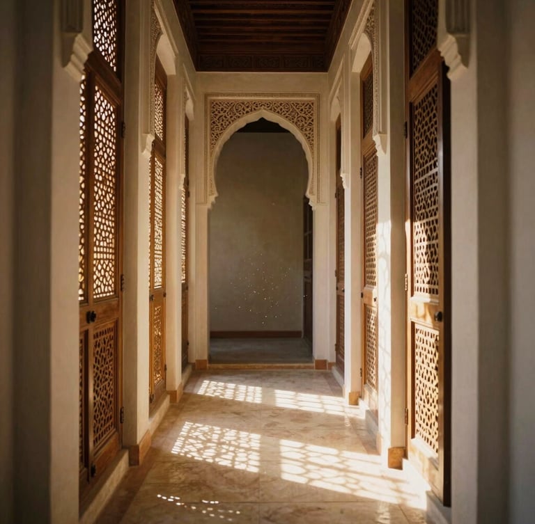Vertical portrait of a luxury riad corridor, sunbeams cutting through carved wooden screens, dust motes dancing in the light, warm sand and ivory color palette, architectural symmetry