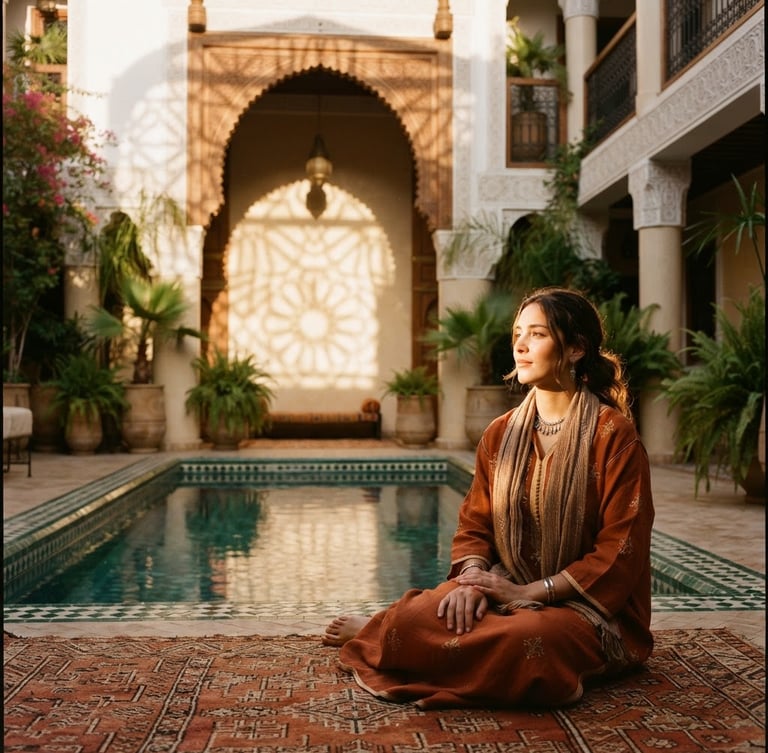 Editorial portrait photography of a sun-drenched Moroccan riad courtyard, natural golden-hour light filtering through a carved cedar archway, casting dramatic geometric shadows on ivory tadelakt walls, serene reflecting pool below, 50mm lens