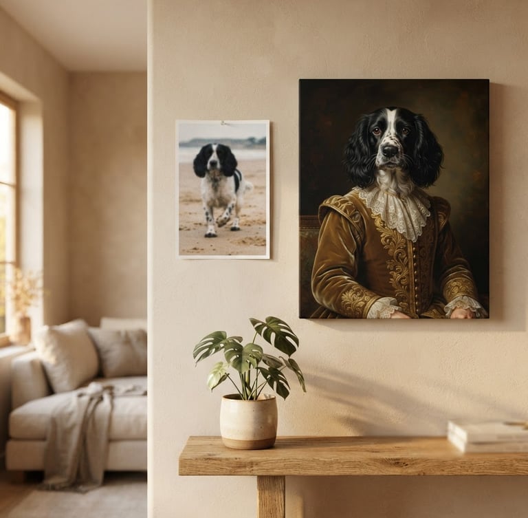 Side-by-side comparison of a blurry, candid pet photo next to a finished, regal custom pet portrait canvas hanging in a warm-neutral modern living room, soft golden-hour window light, shallow depth of field.