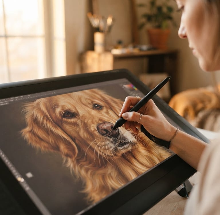 Close-up of a digital artist's hand using a stylus on a drawing tablet, carefully detailing the fine whiskers of a regal golden retriever portrait, soft golden-hour window light, warm neutral studio setting, shallow depth of field.