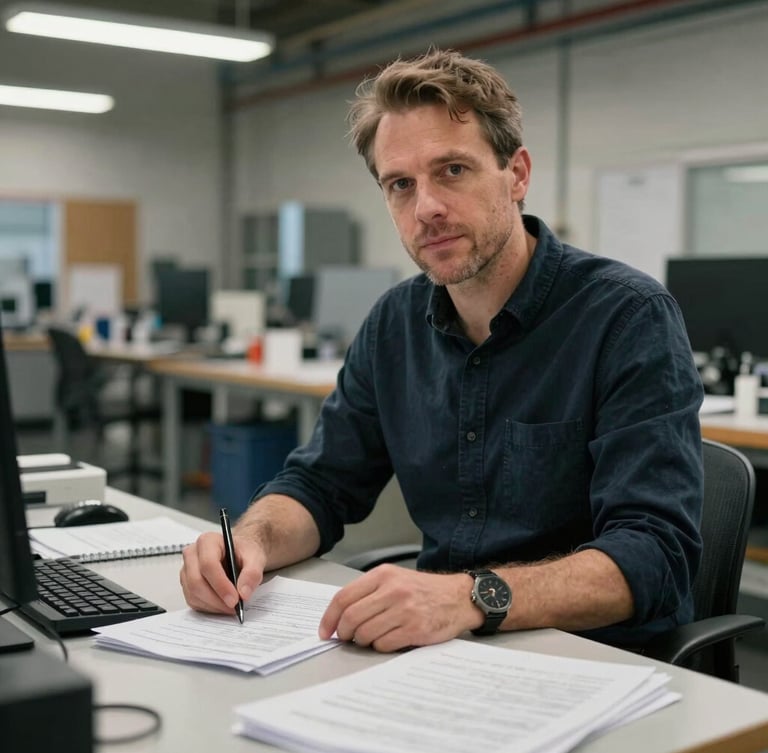 Portrait documentaire d'un gestionnaire de PME dans un atelier de fabrication lumineux à Québec, consultant des documents administratifs clairs
