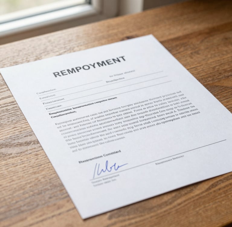Close-up shot of a clean, well-structured employment contract on a textured wooden desk, natural daylight from a side window, focus on clear typography and official signature lines.