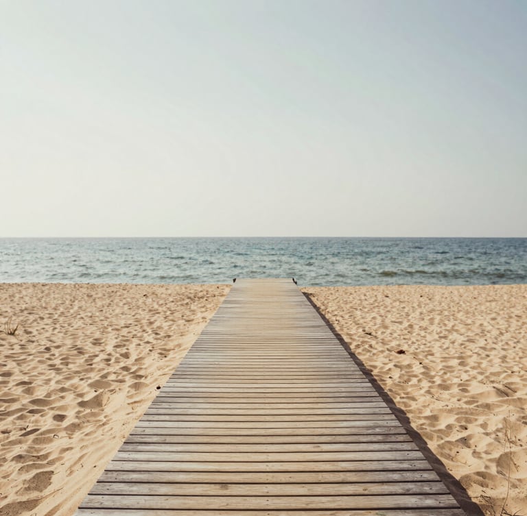 Calm coastal landscape with a subtle wooden dock stretching towards a clear horizon, soft overcast daylight, warm sand tones, editorial photography