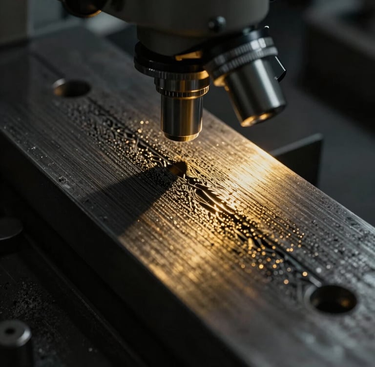 Close-up of a metallurgical microscope showing steel grain structure, high-contrast black and gold lighting, sharp metallic details, scientific precision