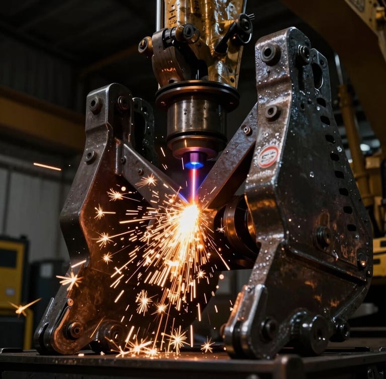 Low-angle dramatic industrial shot of a spectral testing laser analyzing a heavy steel excavator bucket link, sparks, golden and dark charcoal tones, metallic texture, 35mm