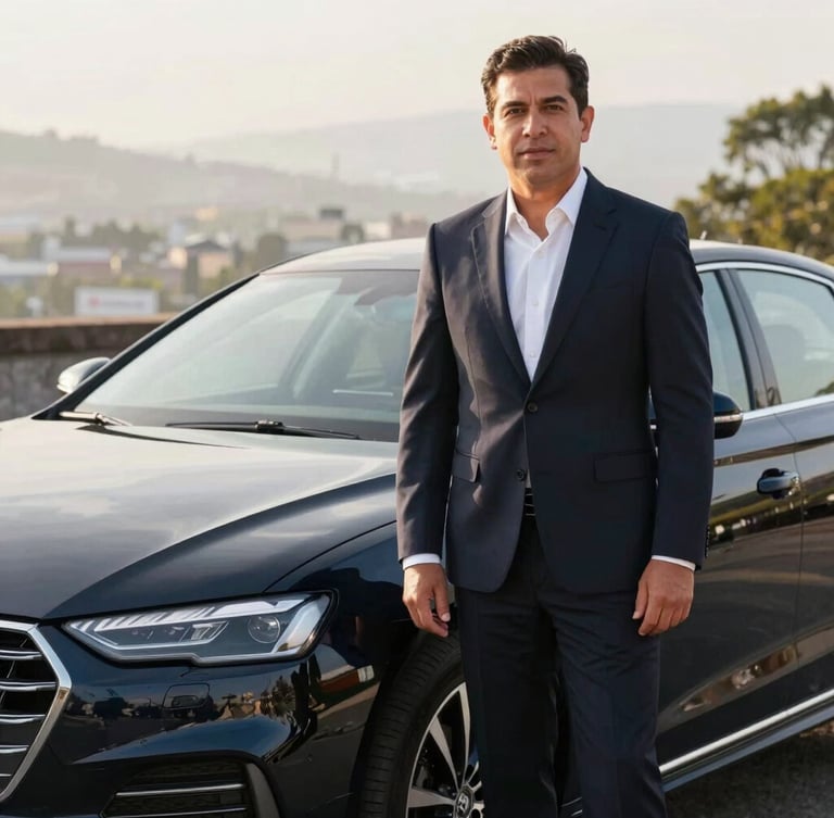 Portrait of a professional Ecuadorian driver in a dark suit standing next to an immaculate modern executive sedan, soft morning light in Quito, sharp focus, editorial travel photography.