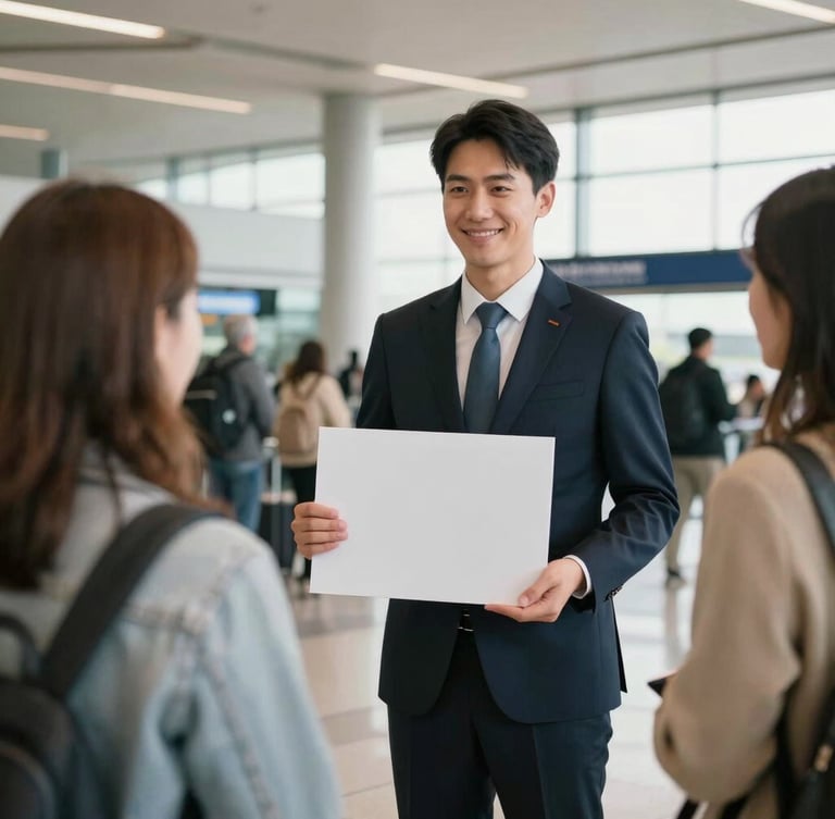 Medium shot of a professional driver in a clean suit welcoming guests at the bright, modern Quito airport arrivals terminal, holding a neat sign, warm natural light.