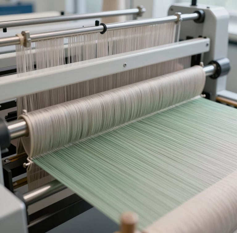Modern industrial loom machinery in action, soft motion blur of green and neutral threads, clean high-tech laboratory environment, soft lighting