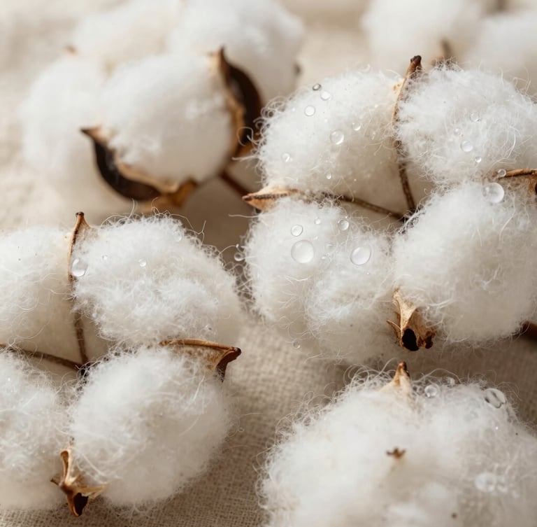 Extreme macro close-up of wet organic cotton and recycled linen fibers being spun, water droplets reflecting soft studio light, raw neutral tones, highly tactile texture