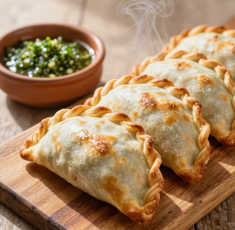 A close-up portrait of golden-brown, freshly baked empanadas with crimped edges, steam gently rising, resting on a rustic wooden board next to a small terracotta dish of chimichurri, warm morning light.