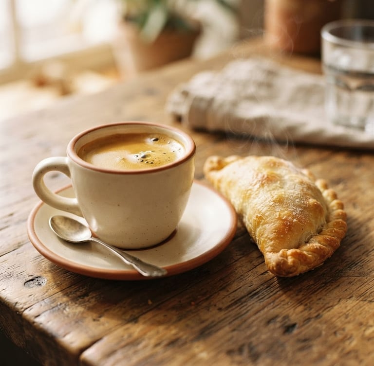 Close-up macro shot of a perfectly poured espresso with rich crema next to a steaming, golden-brown empanada on a wooden table, warm morning daylight, shallow depth of field.