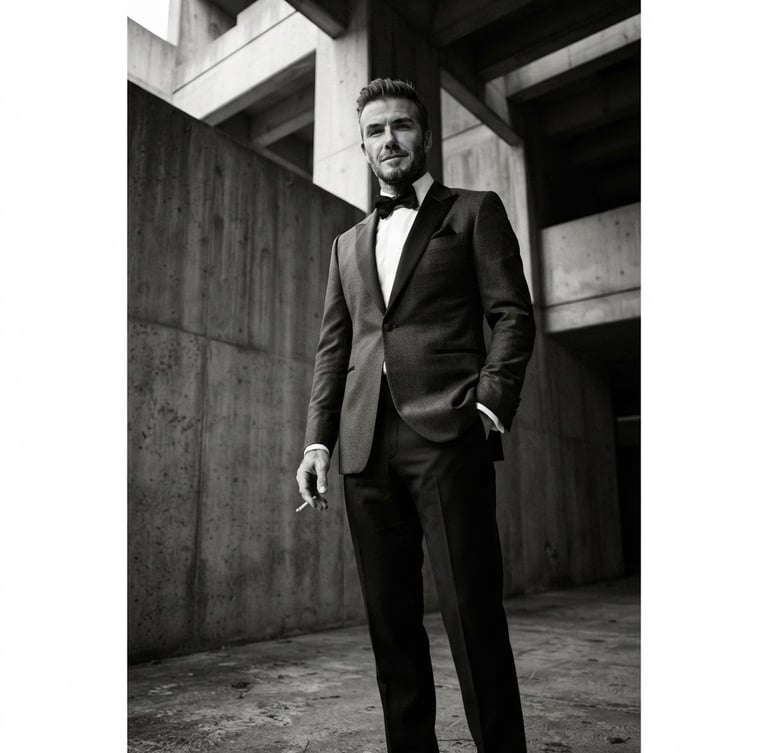 Low-angle editorial portrait of a man in a perfectly tailored charcoal tuxedo, standing in a minimalist concrete architectural space, dramatic side lighting, deep shadows, rich monochromatic tones.