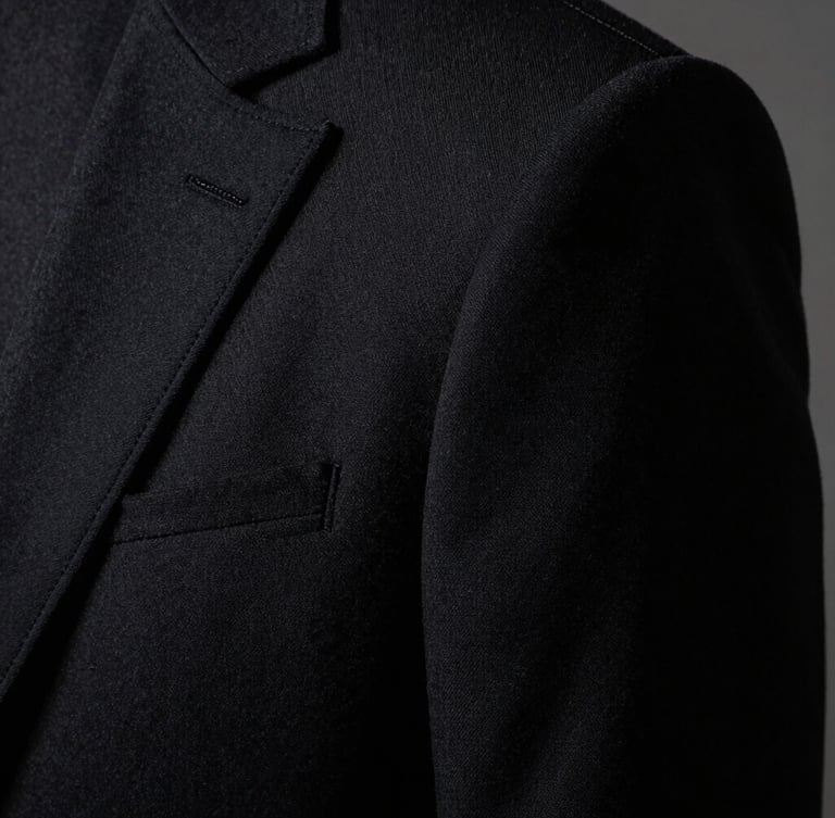 Extreme close-up of a structured shoulder seam and lapel of a premium black wool suit jacket, highlighting the immaculate stitching and heavy fabric texture under harsh, cinematic natural light.