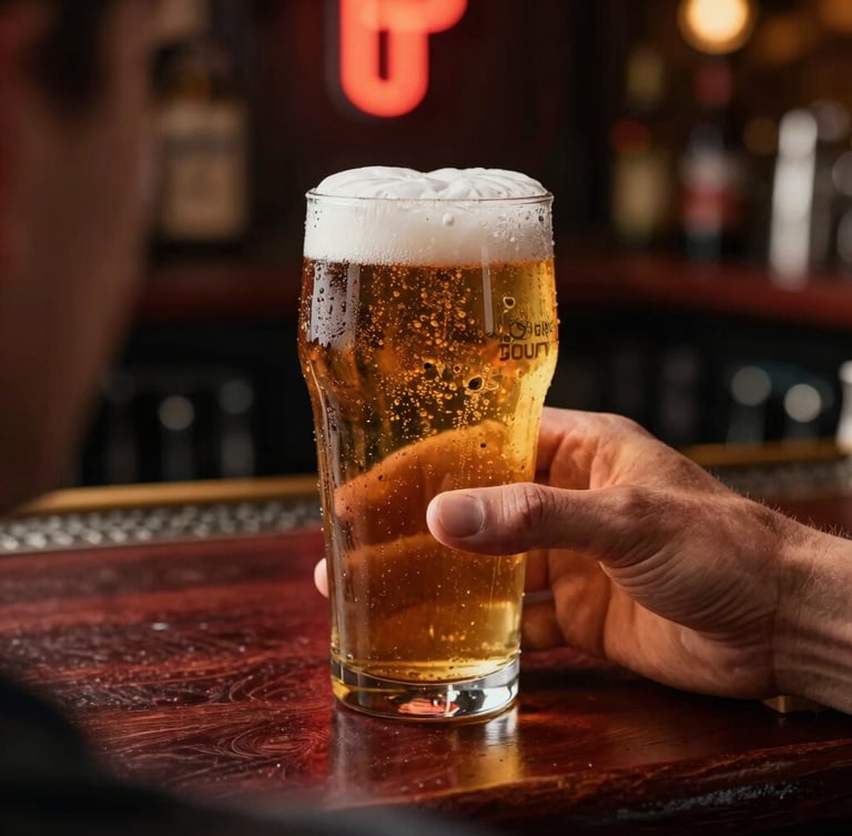 Tight over-the-shoulder shot of a hand holding a condensation-beaded pint glass of amber beer over a dark mahogany bar counter, warm dim neon glow in background.
