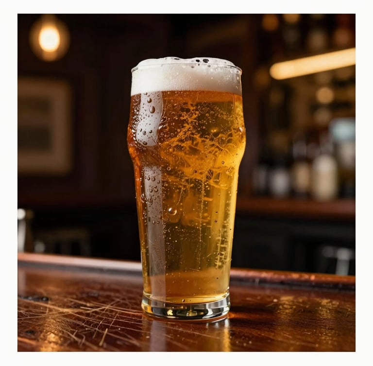 A tall portrait shot of a condensation-covered pint of amber beer resting on a heavily scratched dark mahogany bar, warm dim background lighting with a soft neon glow