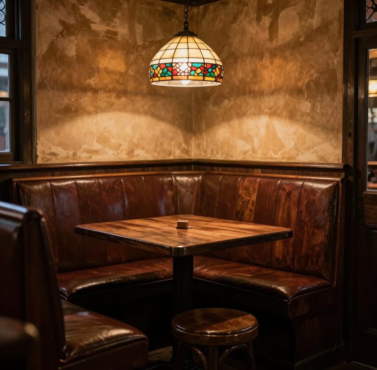 A warm, atmospheric portrait of a corner booth in a historic tavern, soft amber light from a stained glass lamp, empty stool invitingly pulled out.
