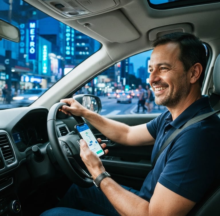 Motorista local sorrindo dentro de um carro moderno, em luz natural vibrante, com tons de azul e ciano da cidade ao fundo. Smartphone com o app Me leva na mão.