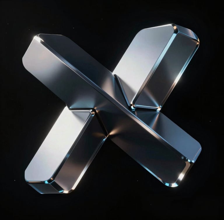 Sleek 3D render of abstract metallic and glass geometric structures floating in deep space, dramatic studio lighting, sharp reflections, dark background, 8k