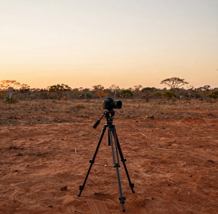 A professional camera on a tripod overlooking a vast dry forest landscape of Paraíba at sunset, soft golden hour lighting, warm terracotta tones, documentary style