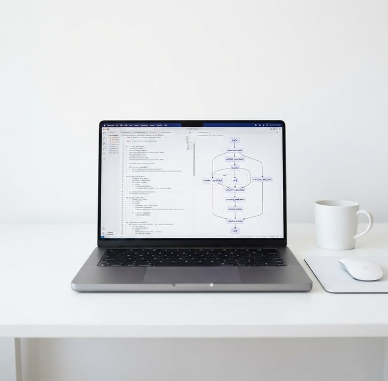 A bright high-key product photography shot of a minimalist workspace, an open laptop displaying clean code and logic flows on a white desk, soft diffused studio light, 50mm lens