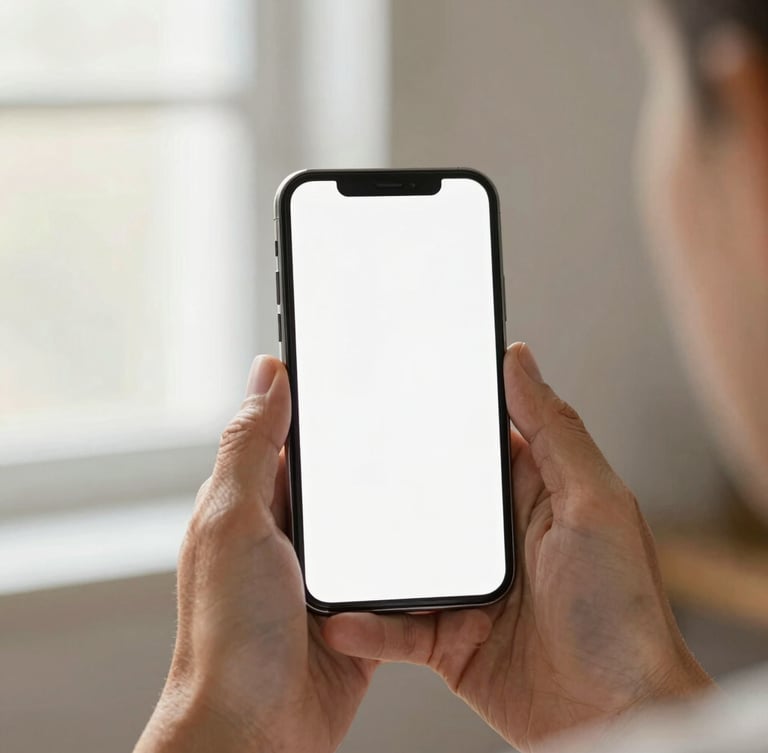 Close-up of warm, wrinkled hands holding a smartphone with a clean, high-contrast interface, soft natural window light, gentle depth of field, 35mm lens