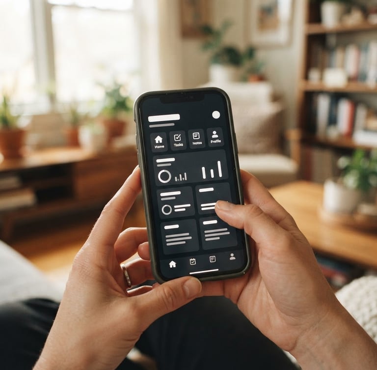 Close-up of hands holding a smartphone displaying the AKSWELL high-contrast, simplified interface, with a warm, soft-focus background of a sunlit living room, natural window light.