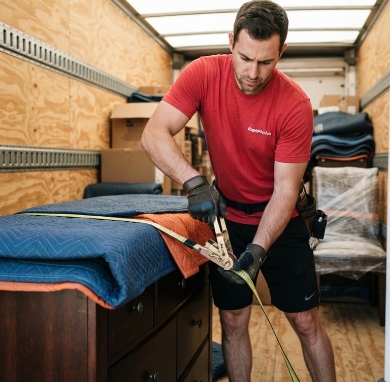 Professional RapidMotion mover securing furniture inside a clean, branded moving truck, red shirt, black shorts, bright natural daylight, high contrast, focused on careful hand placement.