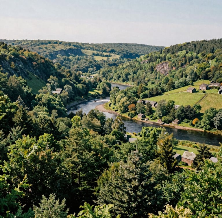 Wide-angle panoramic editorial landscape of the lush Falmouth countryside and Avon River valley in Nova Scotia, bright morning daylight, rich green hills, negative space on the left, 35mm