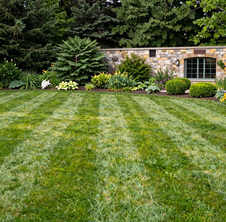 Premium editorial photography of a perfectly striped green lawn and manicured garden beds in Windsor, Nova Scotia, bright morning daylight, 35mm