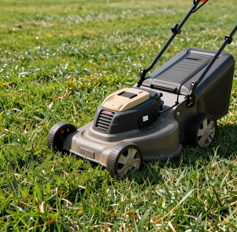 Close-up of a commercial lawn mower cutting clean, crisp stripes into lush green grass under bright morning light.