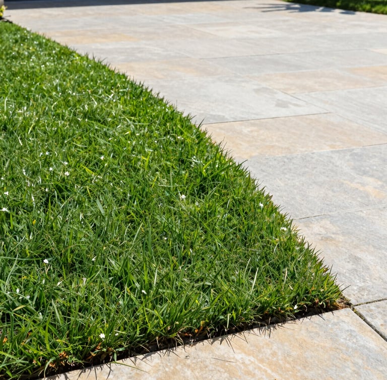 A close-up shot of a perfectly manicured lawn edge against a clean stone driveway, sharp focus, bright morning daylight, showing crisp lines and clean property care.